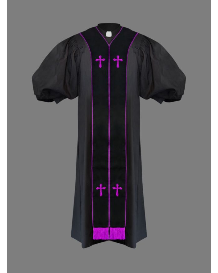 Clergy Pulpit Robe Black with Free Black/Purple Stole