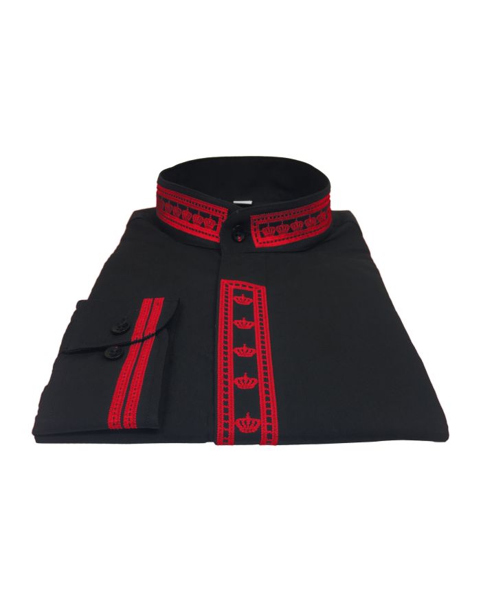 340. Men's Clergy Shirt With Rejoice Crown Fine Embroidery Long Sleeves- Black/Red