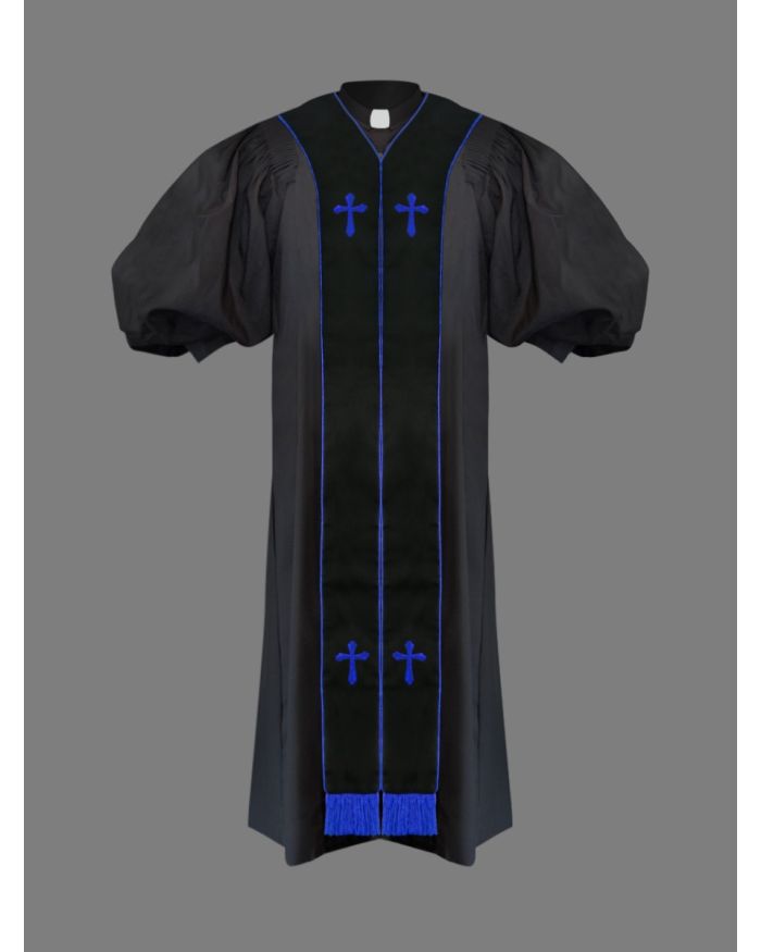 Clergy Pulpit Robe Black with Free Black/Royal Stole
