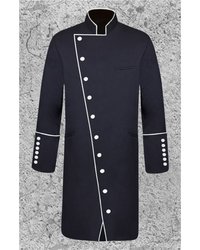 Men's Double Breasted Clergy Frock Jacket in Black and White with Three Quarter Length