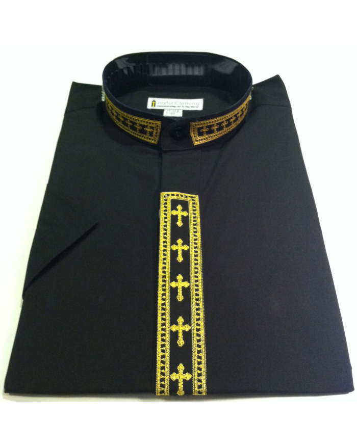 756. Women's Short-Sleeve Clergy Shirt With Fine Embroidery - Black/Gold