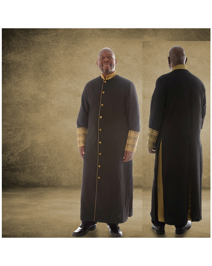 811 M. Men's Premium Pastor/Clergy Robe - Black/Gold with Fancy Pleats