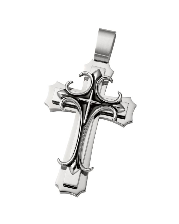 Premium Fleur de Lis Clergy Cross Pendant - Silver & Black