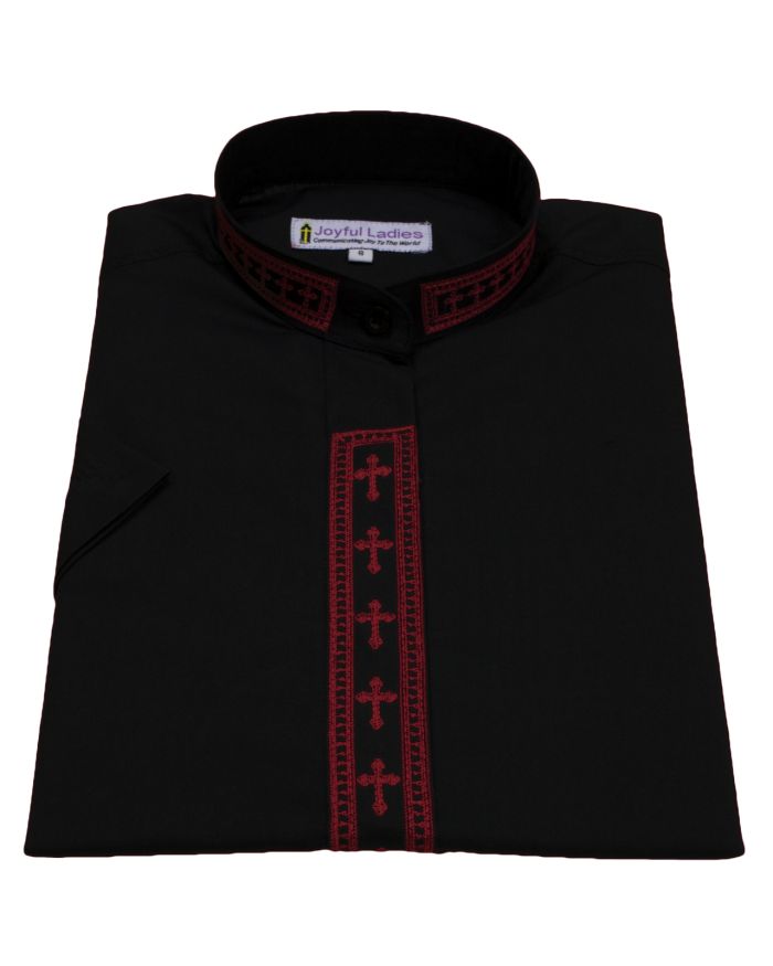 757. Women's Short-Sleeve Clergy Shirt With Fine Embroidery - Black/Red