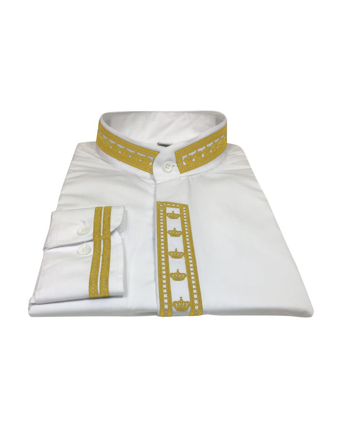 343. Men's Clergy Shirt With Rejoice Crown Fine Embroidery Long Sleeves- White/Gold