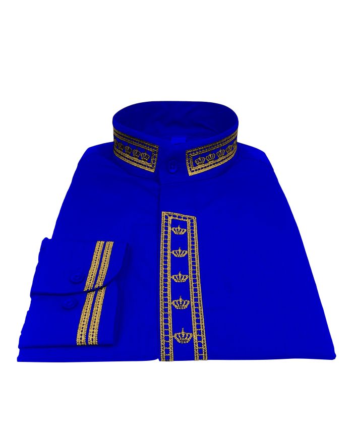 347. Men's Clergy Shirt With Rejoice Crown Fine Embroidery Long Sleeves- Royal/Gold