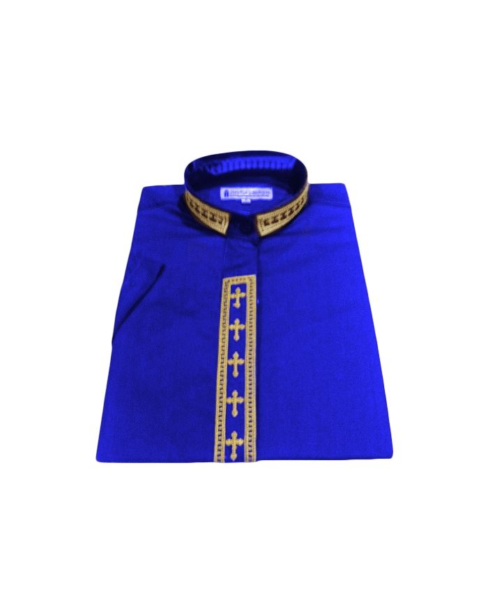 768. Women's Short-Sleeve Clergy Shirt With Fine Embroidery - Royal/Gold