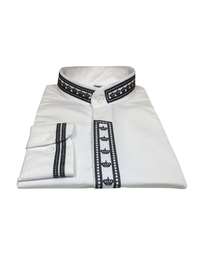 344. Men's Clergy Shirt With Rejoice Crown Fine Embroidery Long Sleeves- White/Black