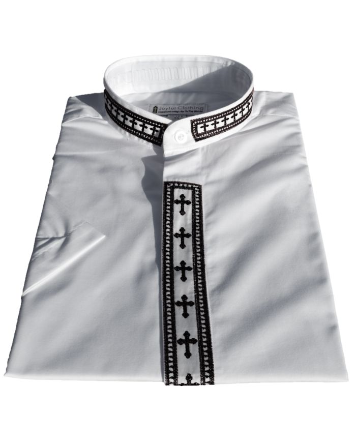 766. Women's Short-Sleeve Clergy Shirt With Fine Embroidery - White/Black