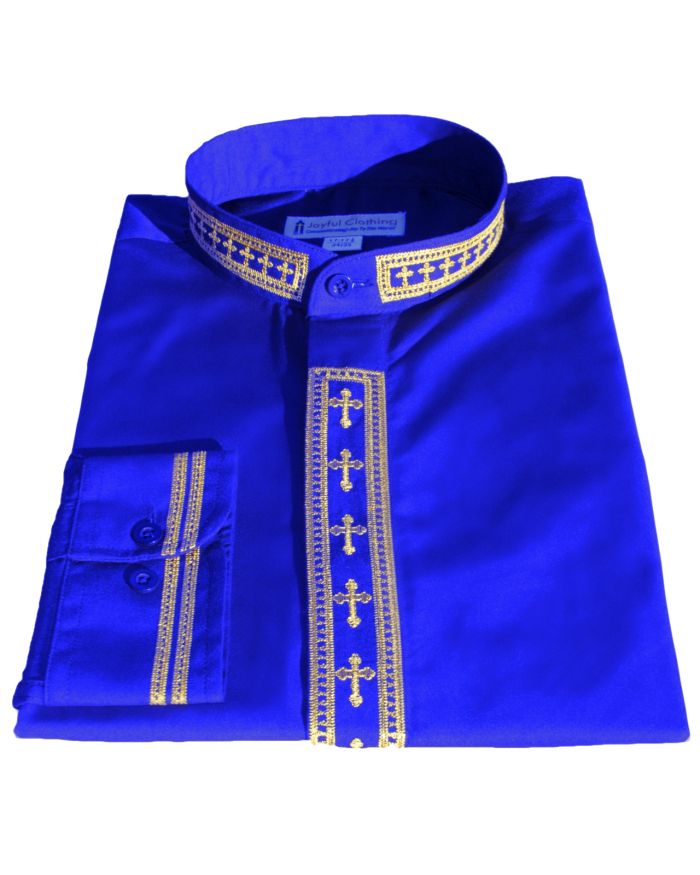 318. Men's Long-Sleeve Clergy Shirt With Fine Embroidery - Royal/Gold
