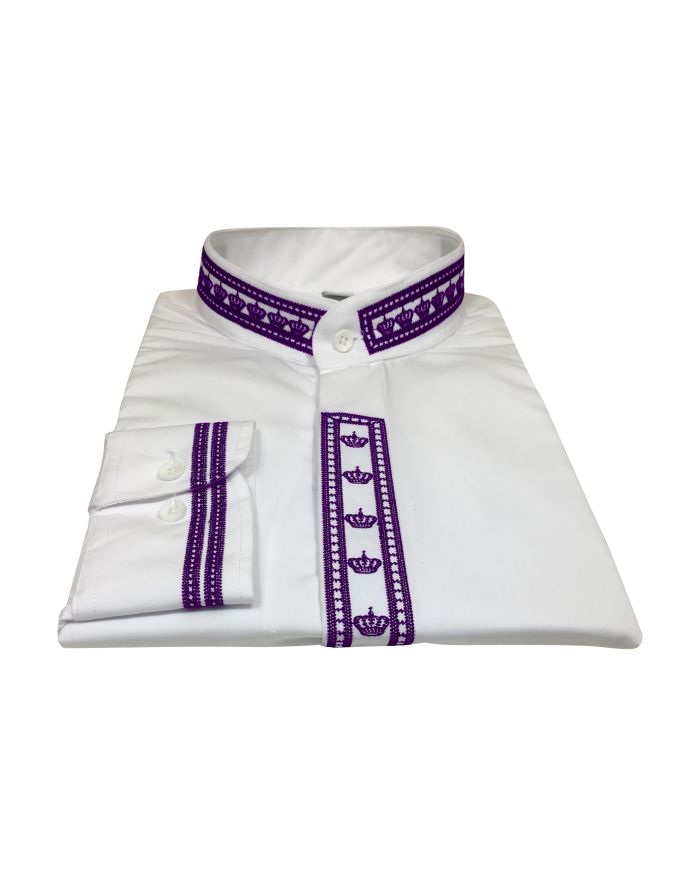 345. Men's Clergy Shirt With Rejoice Crown Fine Embroidery Long Sleeves- White/Purple