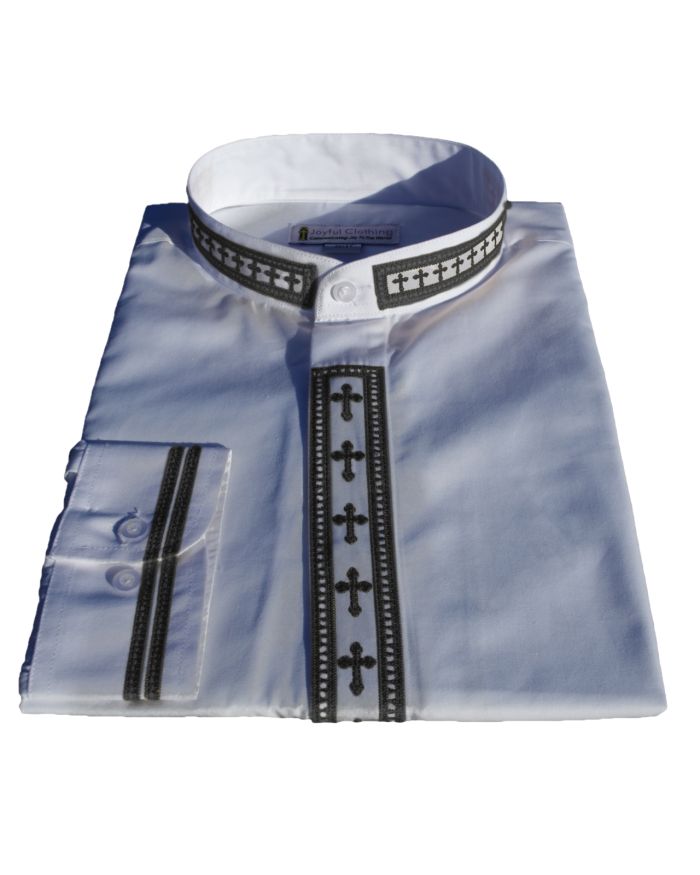 316. Men's Long-Sleeve Clergy Shirt With Fine Embroidery - White/Black