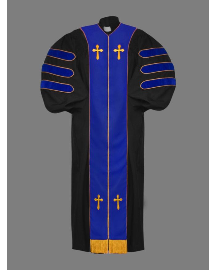 Dr. of Divinity Clergy Robe in Black with Blue & Gold Doctor Bars 