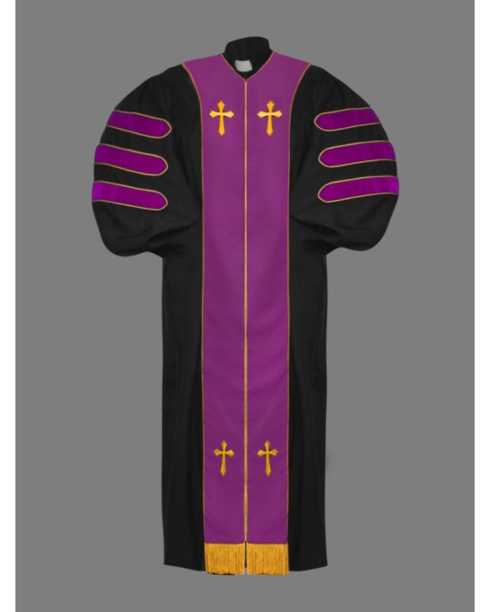 Dr. of Divinity Clergy Robe in Black with Purple & Gold Doctor Bars