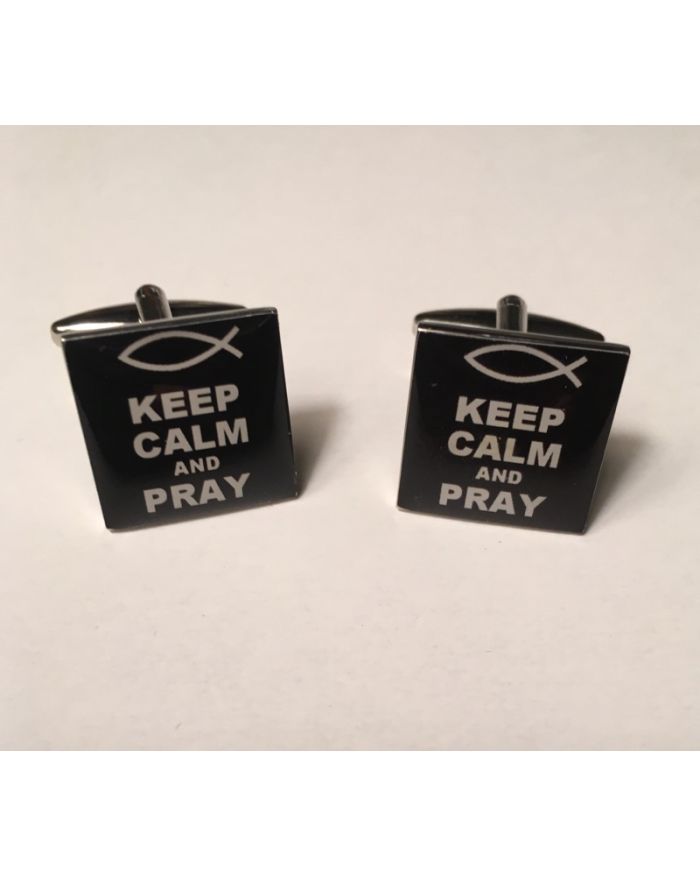 2 Pc. Square Trendy Keep CALM and PRAY with Holy Ichthys Cufflinks
