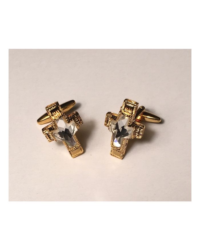 *2 Pc. Religious Ivory Magnificent Stone in a Gold Cross Cover Cufflinks 