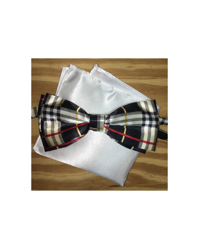 *Men's Plaid Black-Gold-Red Bow Tie + Solid Hanky