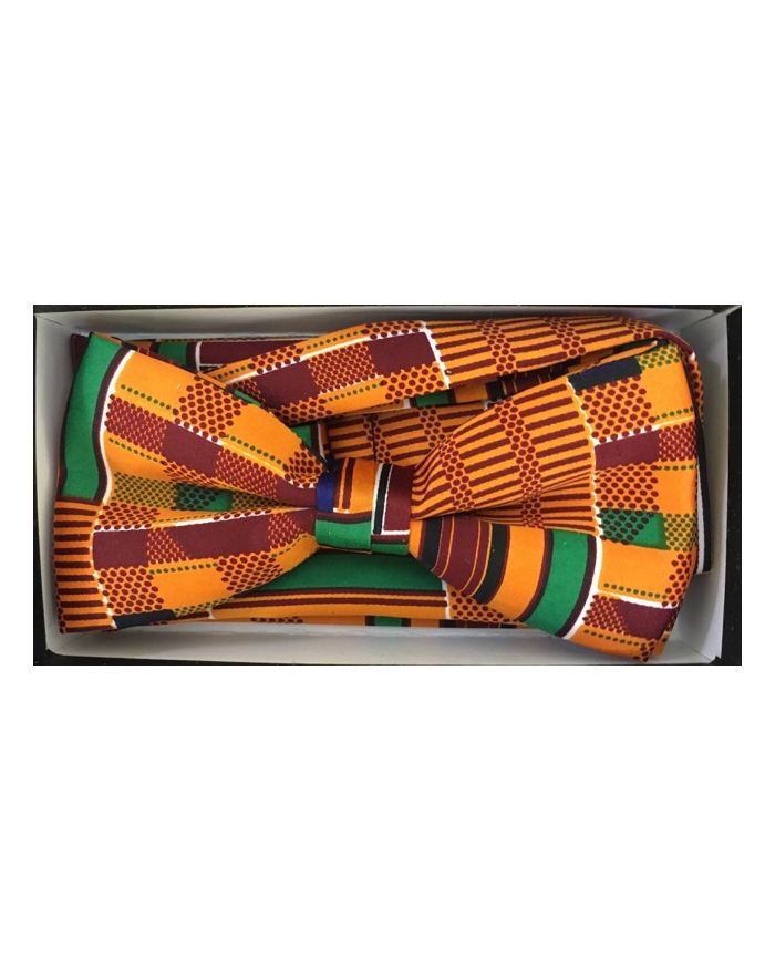 Men's African Heritage Kente Pattern Bow Tie + Hanky - Church Gold Pattern