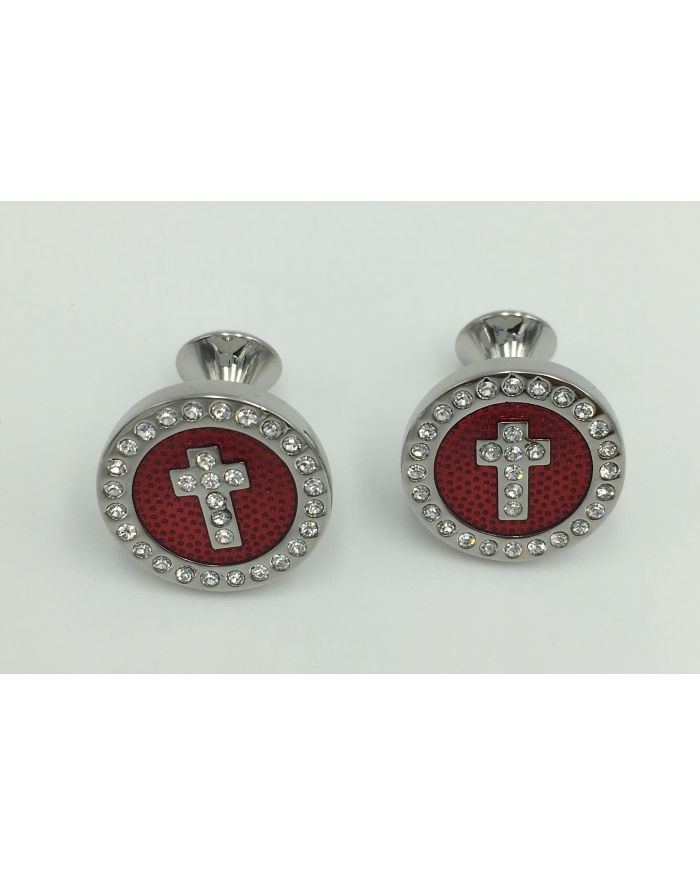 2 Pc. Noble Circle Cross Diamond Stone Cufflinks - Scarlett Red