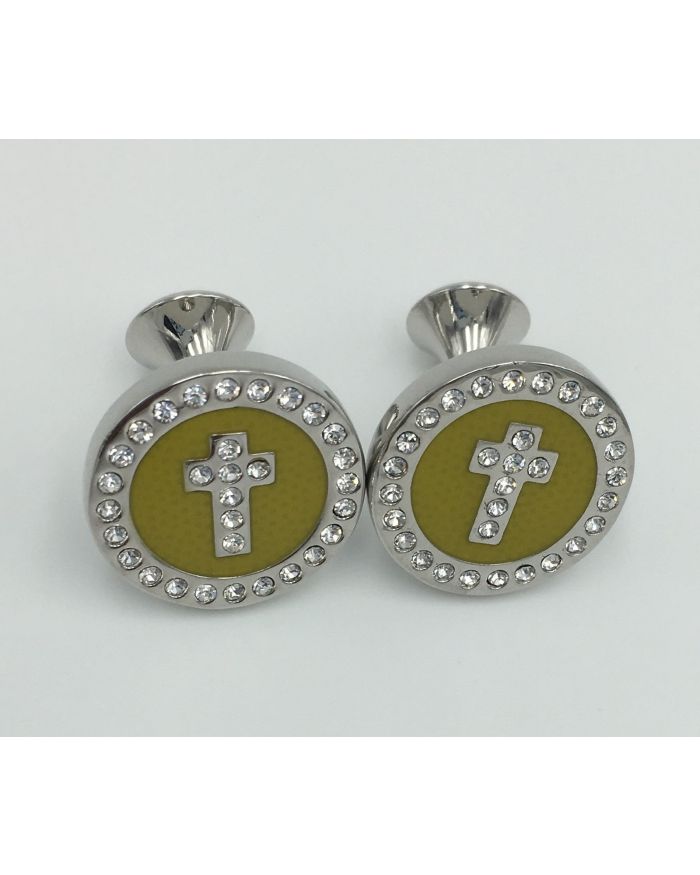 2 Pc. Noble Circle Cross Diamond Stone Cufflinks - Canary Yellow
