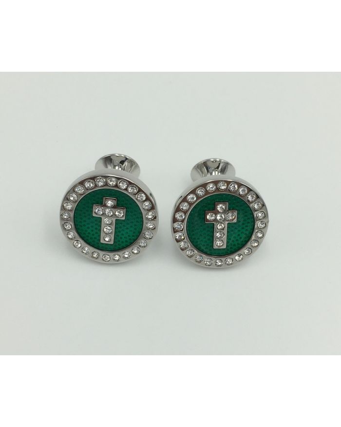 2 Pc. Noble Circle Cross Diamond Stone Cufflinks - Emerald Green