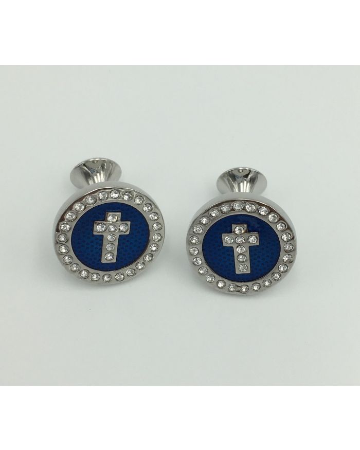 2 Pc. Noble Circle Cross Diamond Stone Cufflinks - Cobalt Blue