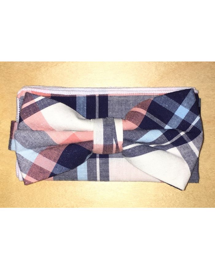 Men's 100% Cotton Plaid Designed Bow Tie + Hanky - Blue