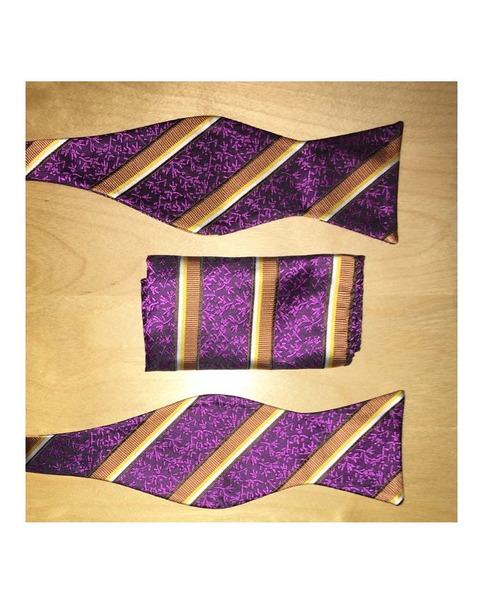 *Men's Self-Tie Butterfly Striped AND Floral Bow Tie + Hanky - Purple and Gold