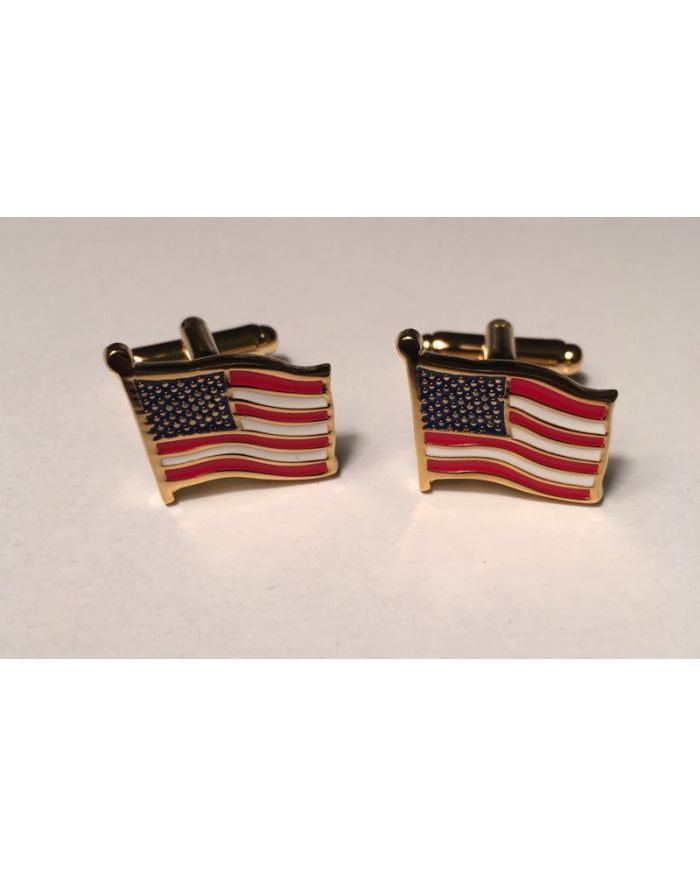 2 Pc. American Flag - God Bless America Style Cufflinks with Windy Look in Gold