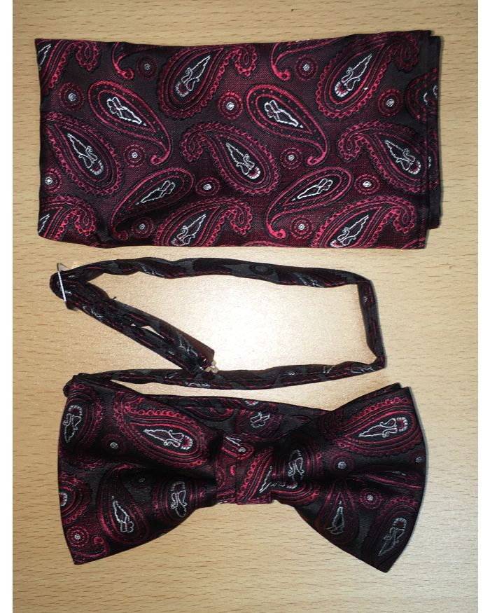 Men's Extravagant Solo Paisley Pattern Bow Tie + Hanky - Rose Red