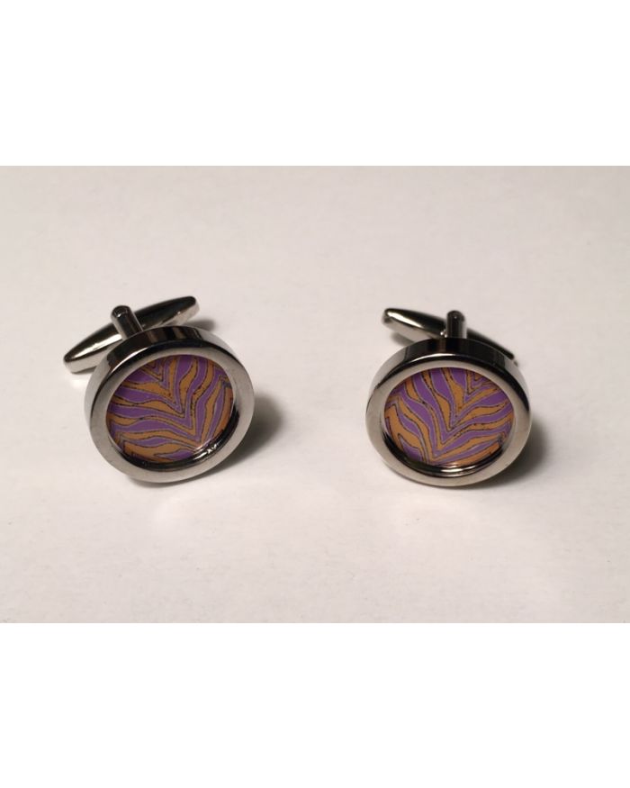 2 Pc. Exotic Animal Footprint Design Circular Cufflinks with Lilac and Gold Traces