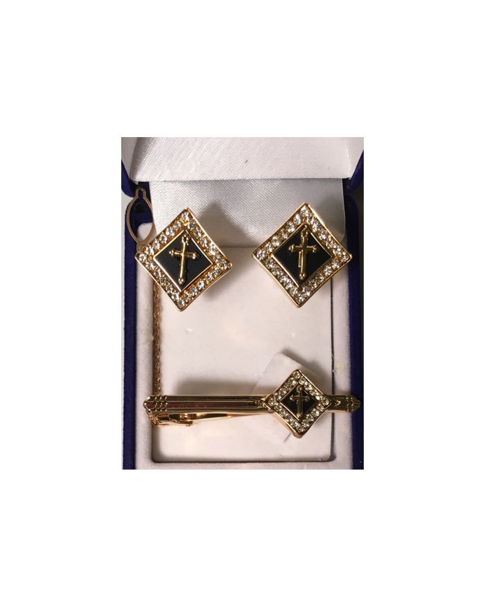 3 Pc. Black Diamond Square Cross Cufflinks and Tie Bar Set