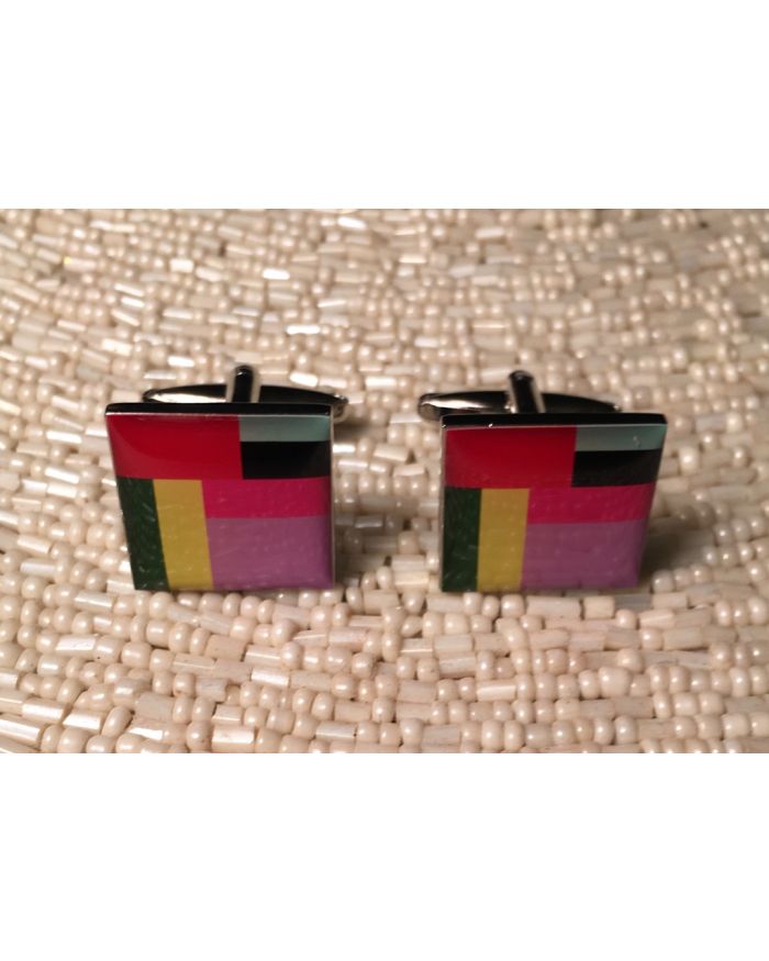 2 Pc. Rainbow Colored Rectangle Spaces Fashion Design Cufflinks