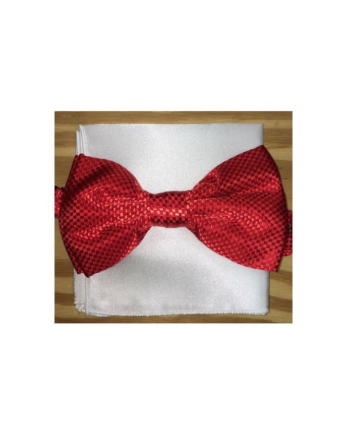 *Men's Checkered Fashion Silky Pattern Bow Tie + Solid Hanky - Red