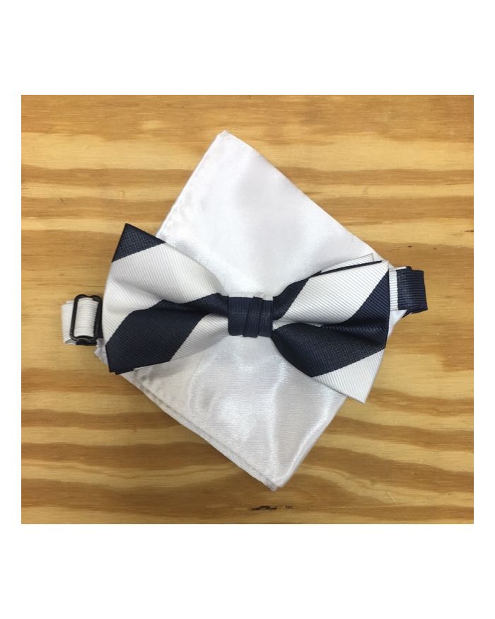 *Men's Striped Classy Navy and White Bow Tie + Solid Hanky
