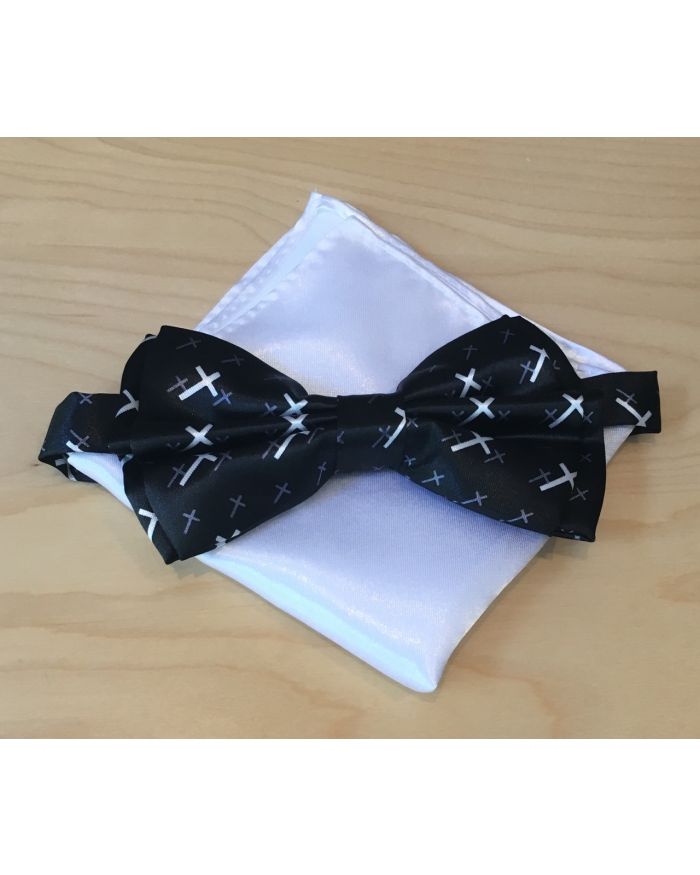 *Men's Religious Novelty Cross Black Bow Tie + Solid Hanky