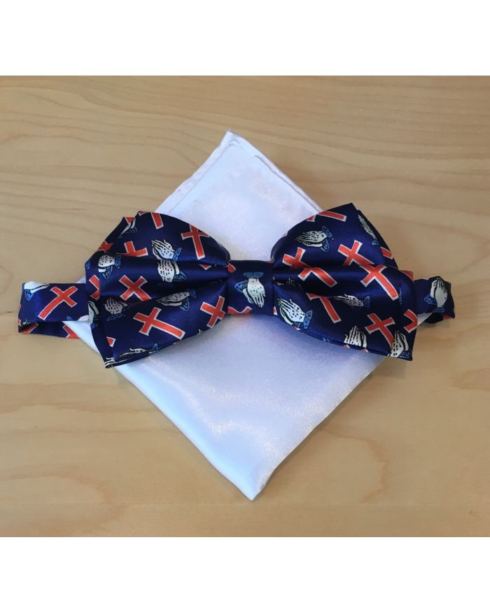 *Men's Religious Novelty Cross AND Praying Hands Cobalt Bow Tie + Solid Hanky