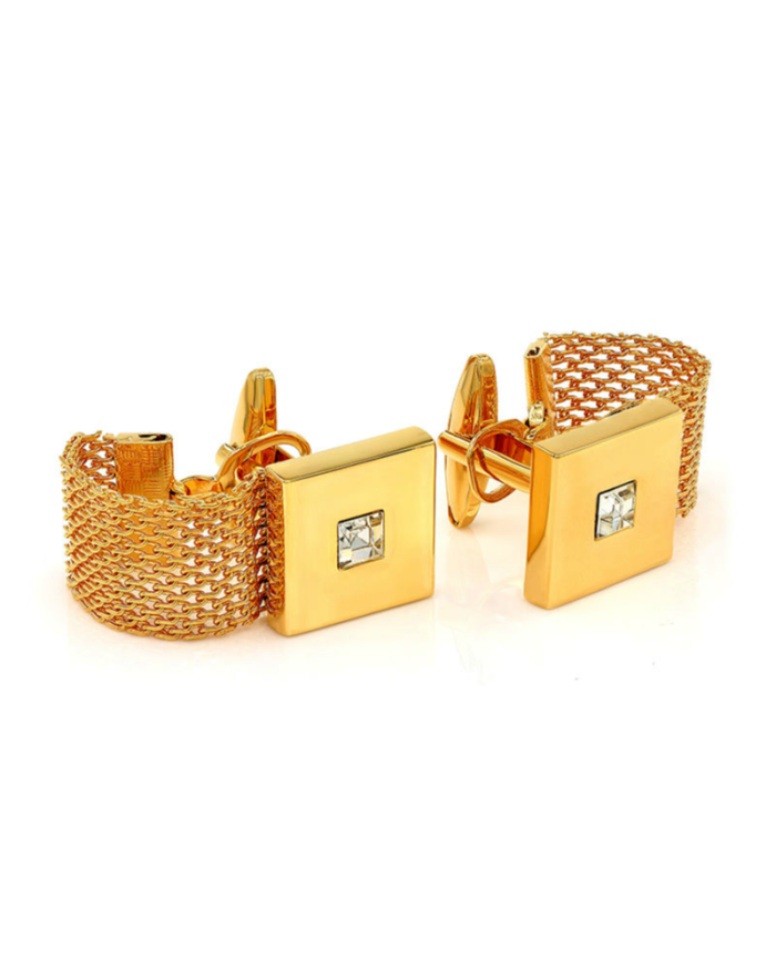 2 Pc. Chain Wrap-Around Square Cufflinks with a Crystal Stone - GOLD