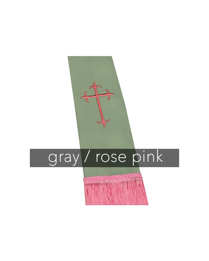Clergy Stole - Grey Satin with Rose Latin Crosses