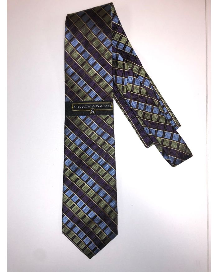 **Stacy Adams Premium Handmade Silk Neck Tie AND HANKY - Olive & Purple Squares