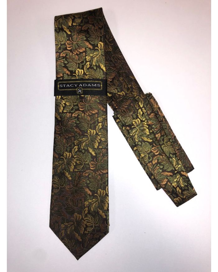 **Stacy Adams Premium Handmade Silk Neck Tie AND HANKY - Brown & Gold Floral