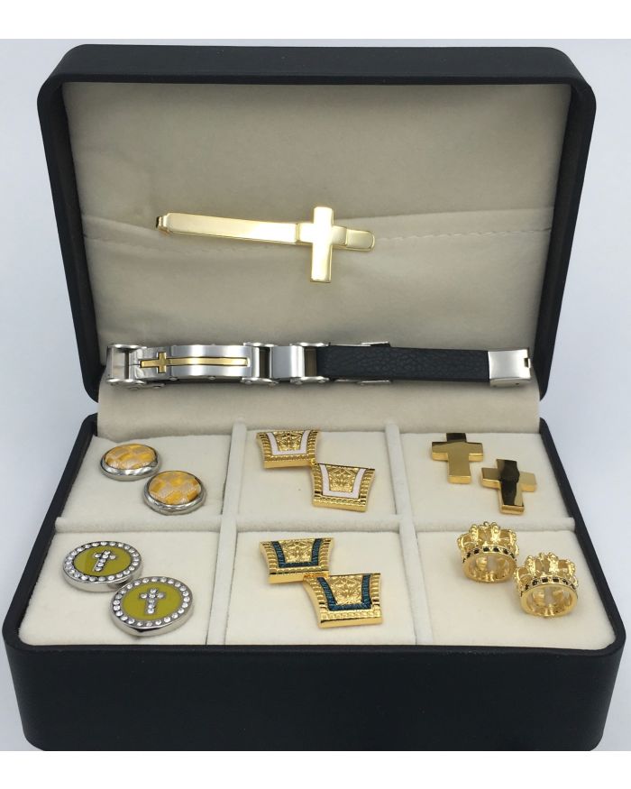 The Max Box 6 Different Pairs of Cufflinks, Tie Bar and Clergy Bracelet