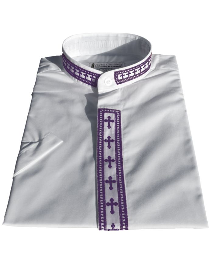 767. Women's Short-Sleeve Clergy Shirt With Fine Embroidery - White/Purple