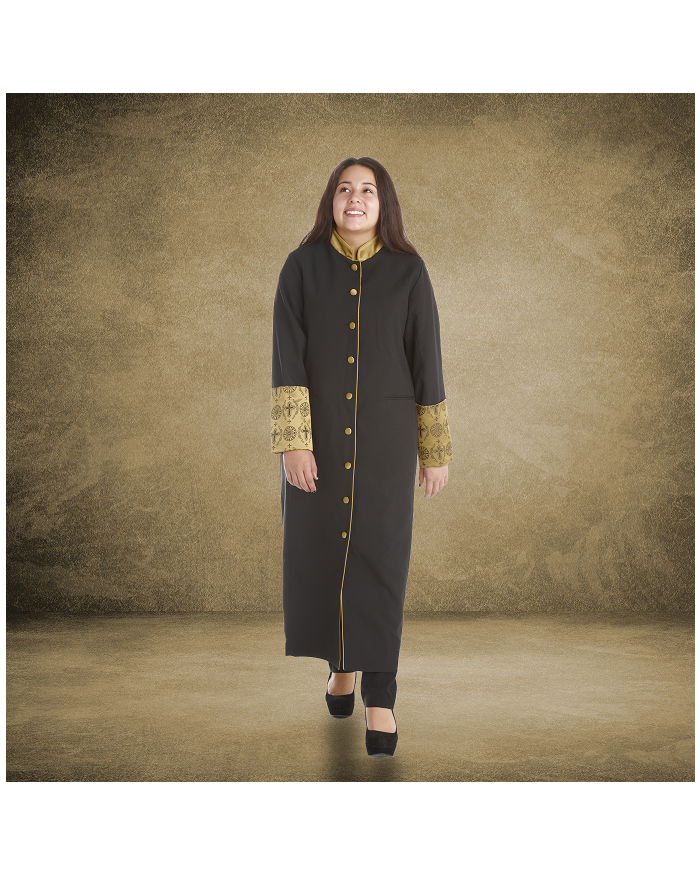 811 W. Women's Premium Clergy/Pastor Robe - Black/Gold with Fancy Pleats