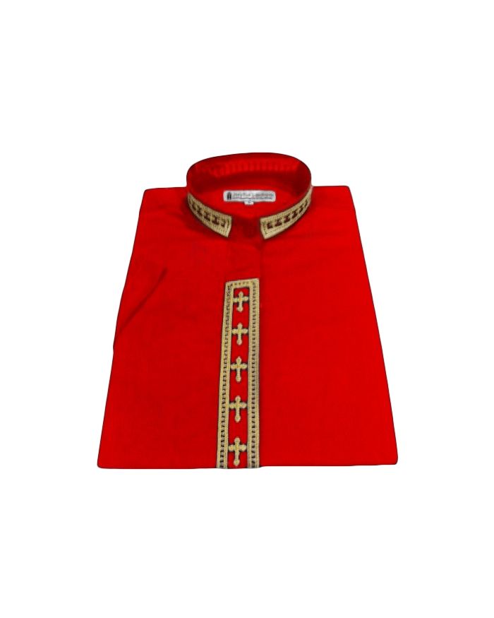 769. Women's Short-Sleeve Clergy Shirt With Fine Embroidery - Red/Gold
