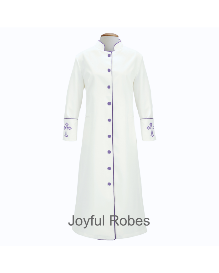 204 W. Women's Pastor/Clergy Robe - White/Purple Design