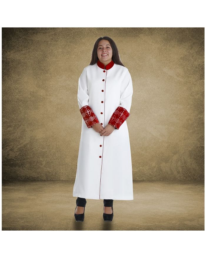 813 W. Women's Premium Clergy/Pastor Robe - White/Red with Fancy Pleats