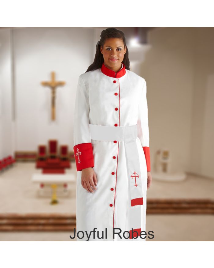 355 W. Women's Pastor/Clergy Robe - White/Red Cuff Matching Cincture Set