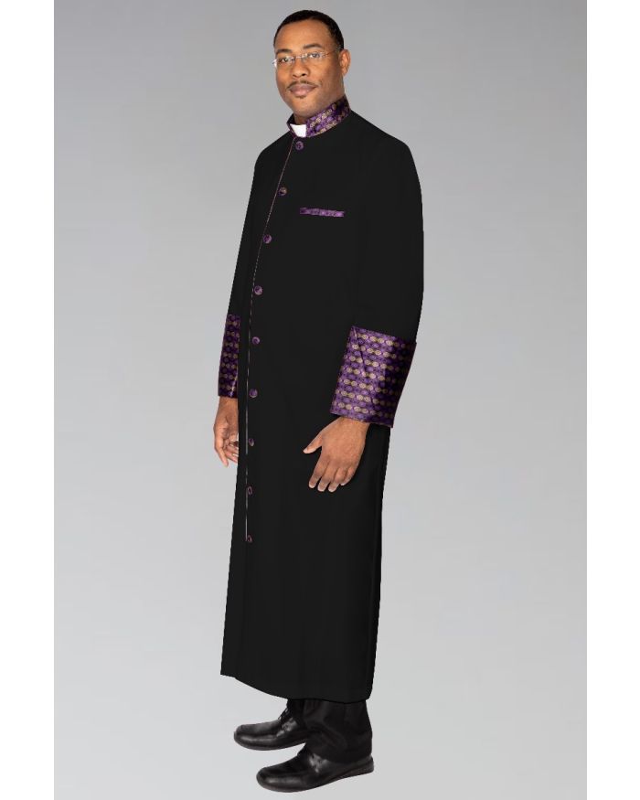 Men's Custom Clergy Robe Black with Purple and Gold Brocade