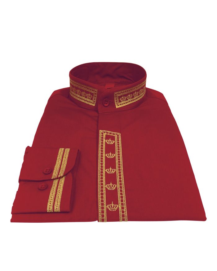 348. Men's Clergy Shirt With Rejoice Crown Fine Embroidery Long Sleeves- Red/Gold